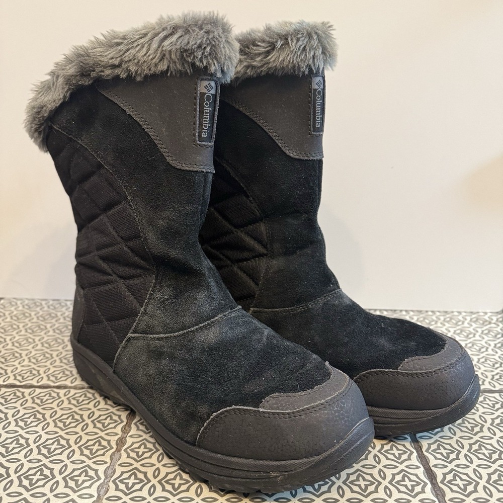 Columbia Ice Maiden Women's Suede Winter Snow Boots Black Faux Fur Womens Size 9